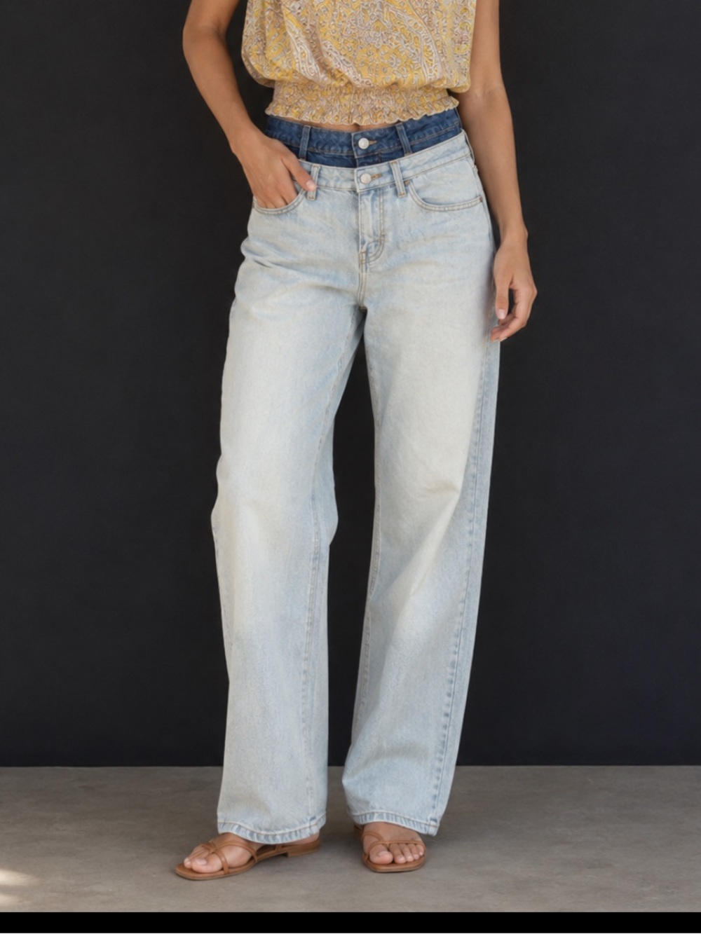 👗Wild Fable Double-Waist Two-Tone Light Wash Denim Jeans